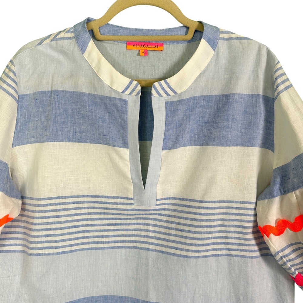 Vilagallo Tunic Dress 42 10 Blue White Stripe Linen Blend Pockets Resort Coastal - Picture 5 of 14